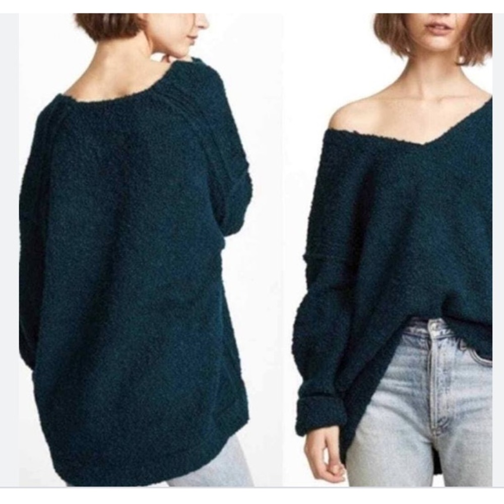 Free People Lofty Teal V-neck Oversized Slouchy Sweater - Womens Size Large